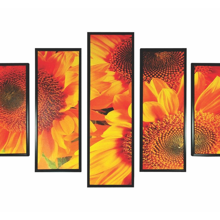 5 Piece Wooden WallDecor with Sun Flower Imprint, Yellow and Black