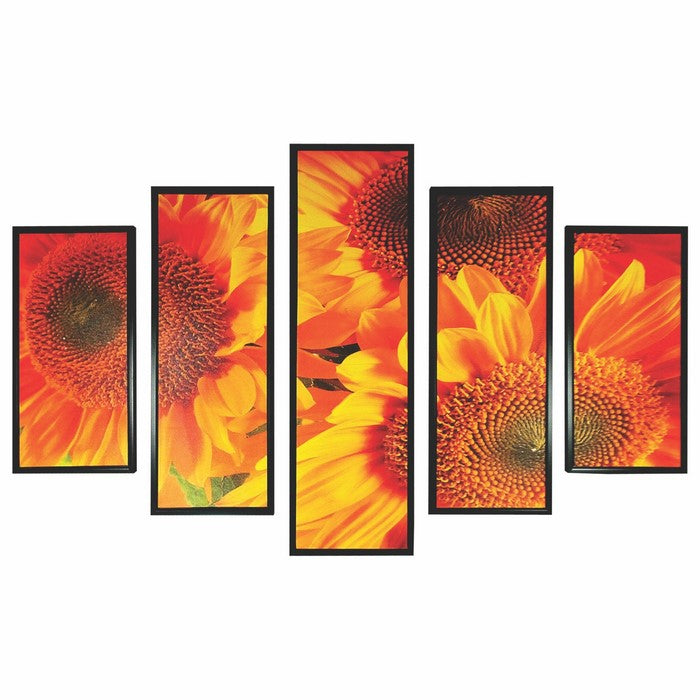 5 Piece Wooden WallDecor with Sun Flower Imprint, Yellow and Black