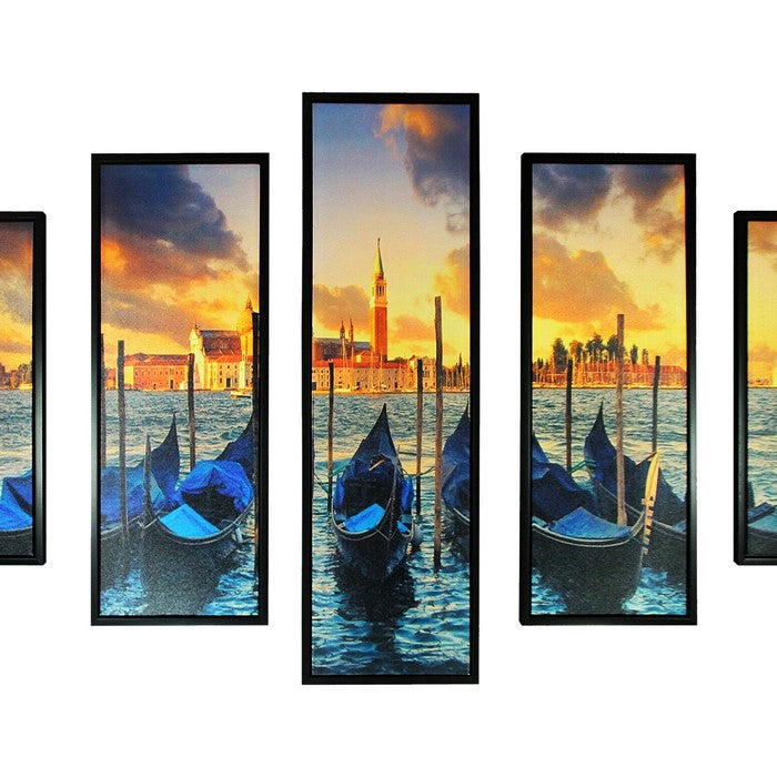 5 Piece Wooden WallDecor with Venice City Coast Painting, Multicolor