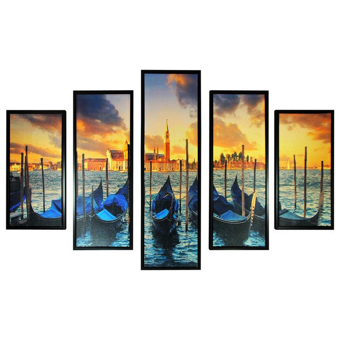 5 Piece Wooden WallDecor with Venice City Coast Painting, Multicolor