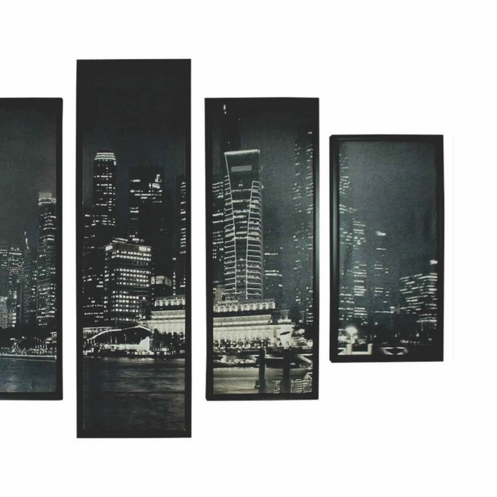 5 Piece Wooden WallDecor with View of Skyscrapers, Black and White