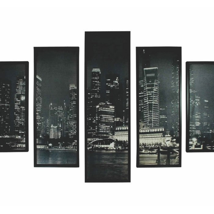 5 Piece Wooden WallDecor with View of Skyscrapers, Black and White