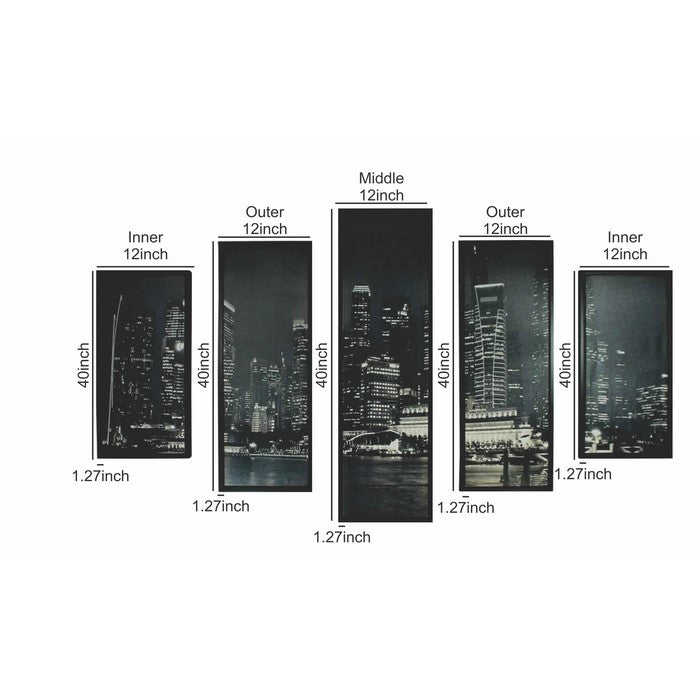 5 Piece Wooden WallDecor with View of Skyscrapers, Black and White
