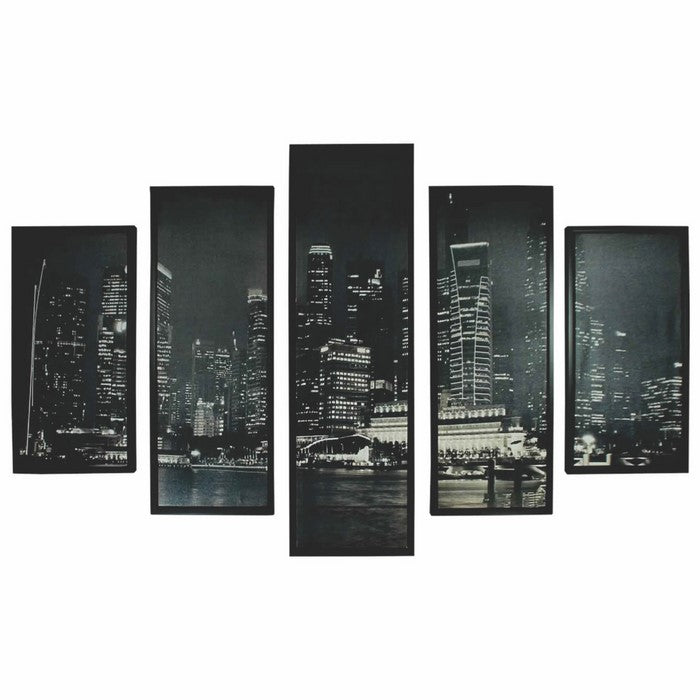 5 Piece Wooden WallDecor with View of Skyscrapers, Black and White