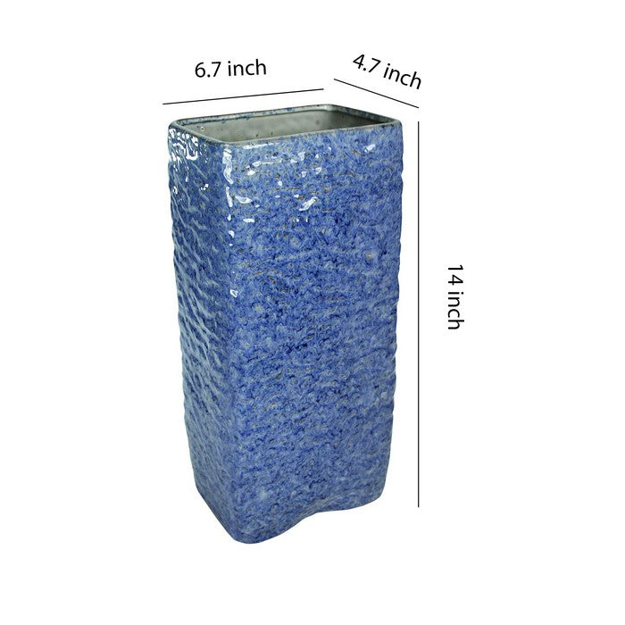 Contemporary Rectangular Ceramic Pot with Distressed Details, Blue