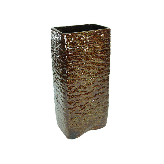 Contemporary Rectangular Ceramic Pot with Distressed Details, Brown