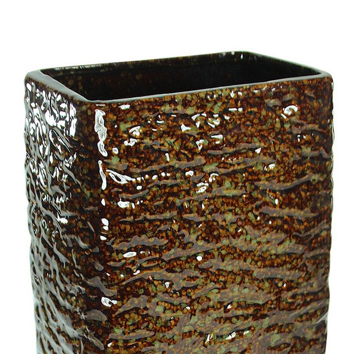 Contemporary Rectangular Ceramic Pot with Distressed Details, Brown
