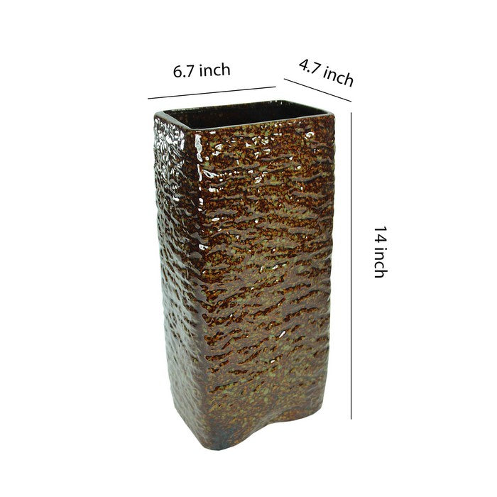 Contemporary Rectangular Ceramic Pot with Distressed Details, Brown