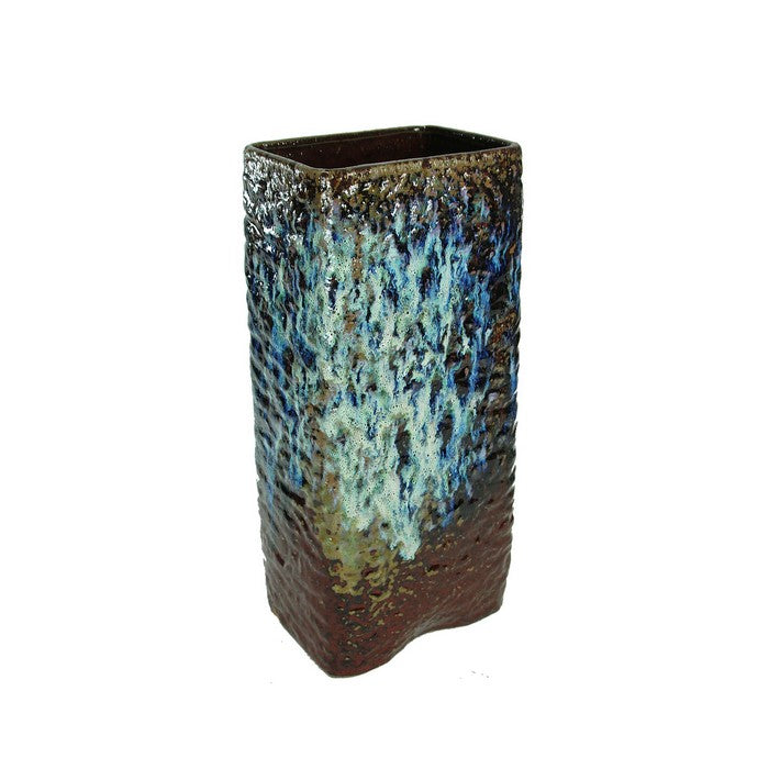 Contemporary Rectangular Distressed Ceramic Pot, Brown and Blue