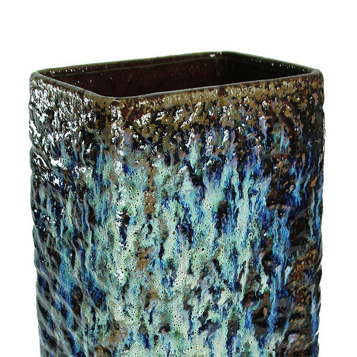 Contemporary Rectangular Distressed Ceramic Pot, Brown and Blue
