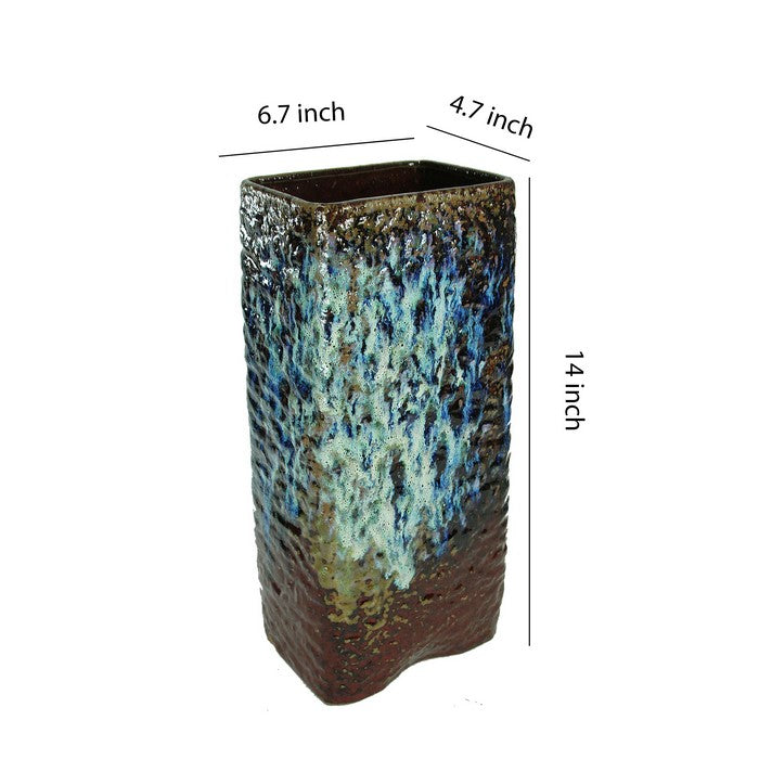 Contemporary Rectangular Distressed Ceramic Pot, Brown and Blue