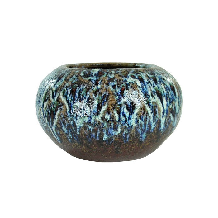 decorative Bellied Ceramic Pot with Distressed Details, Brown and Blue