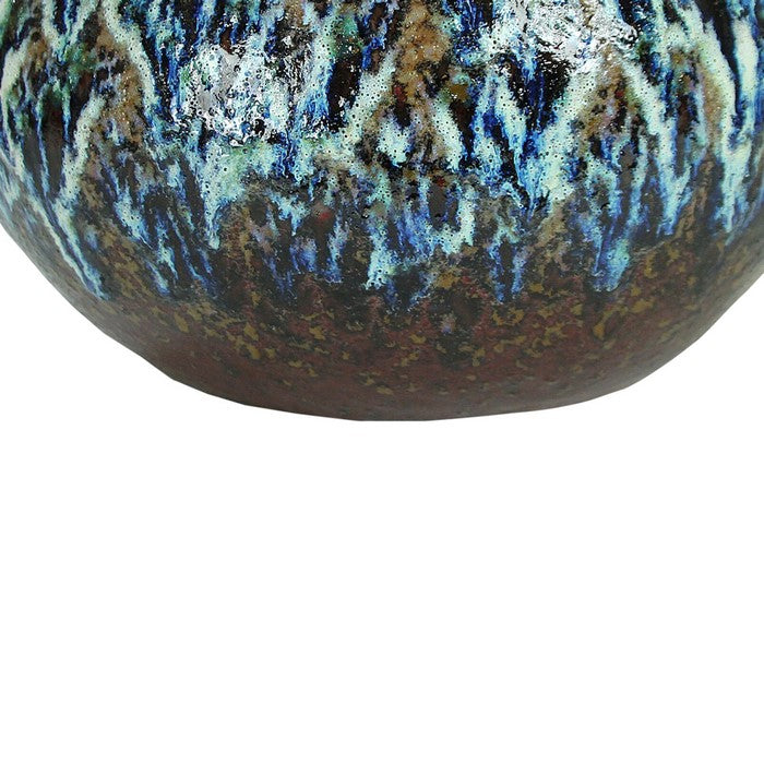 decorative Bellied Ceramic Pot with Distressed Details, Brown and Blue