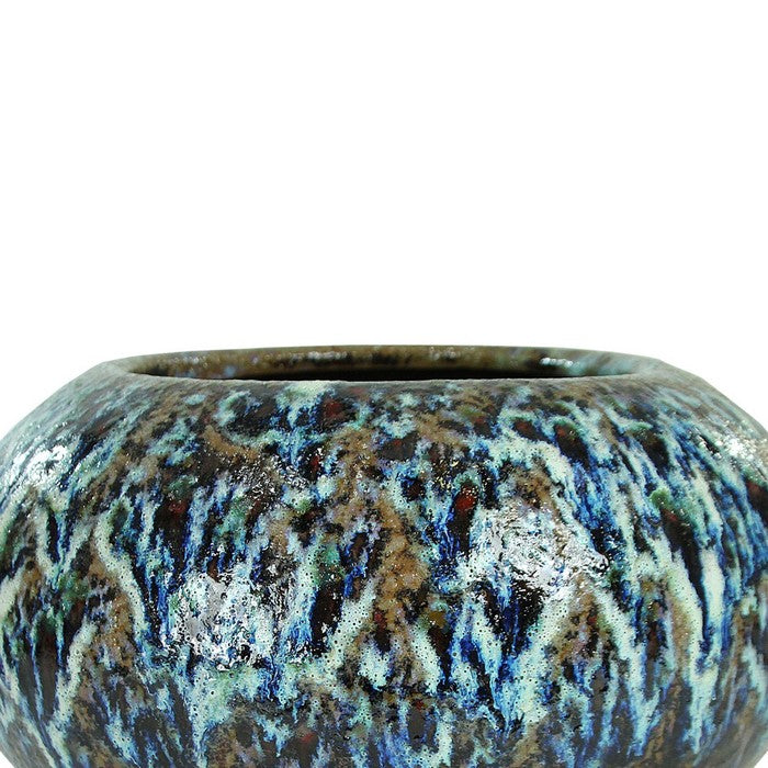 decorative Bellied Ceramic Pot with Distressed Details, Brown and Blue