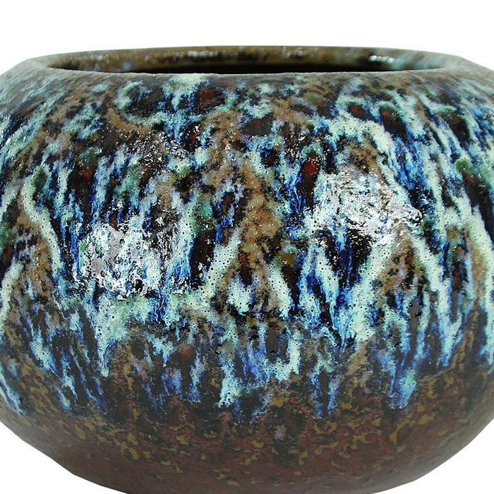 decorative Bellied Ceramic Pot with Distressed Details, Brown and Blue
