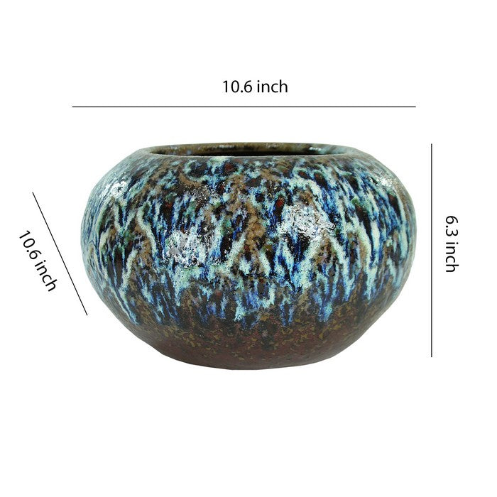 decorative Bellied Ceramic Pot with Distressed Details, Brown and Blue