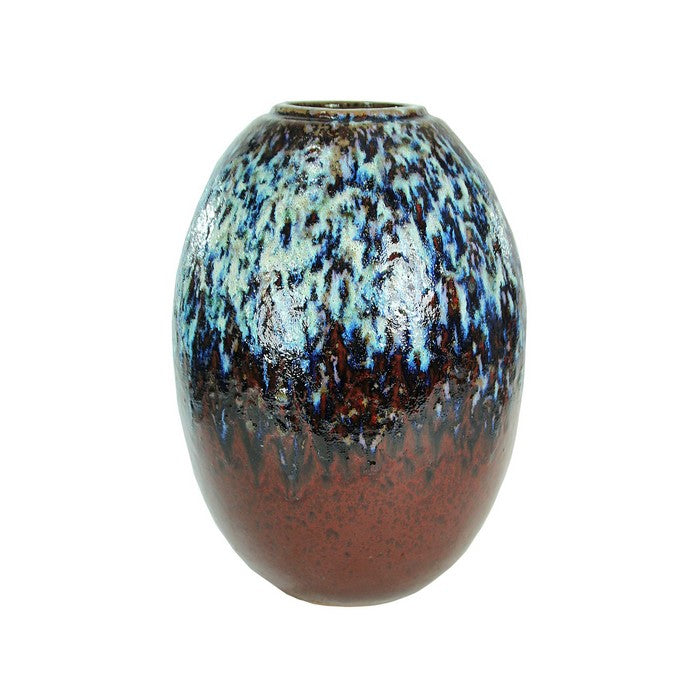 decorative Oval Glazed Pot with Distressed Details, Brown and Blue