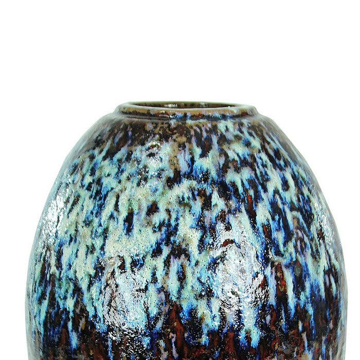 decorative Oval Glazed Pot with Distressed Details, Brown and Blue