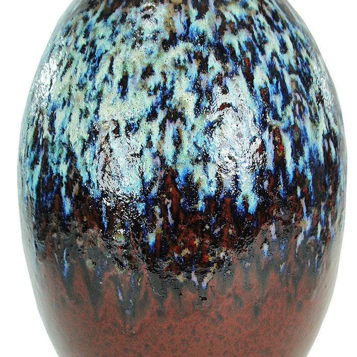 decorative Oval Glazed Pot with Distressed Details, Brown and Blue