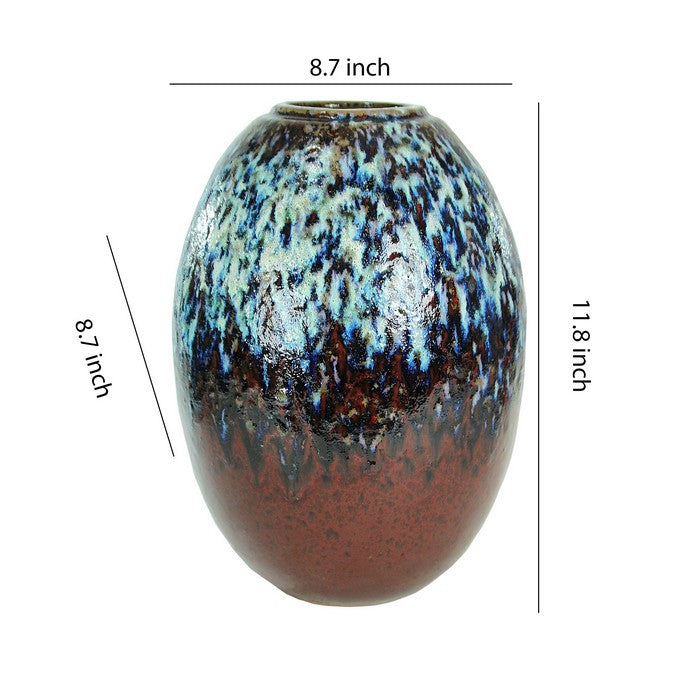 decorative Oval Glazed Pot with Distressed Details, Brown and Blue