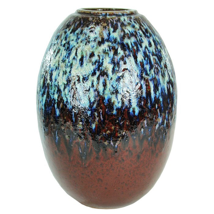decorative Oval Glazed Pot with Distressed Details, Brown and Blue