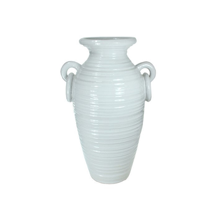 decorative Urn Shaped Ceramic Pot with Ring Handles, Large, White