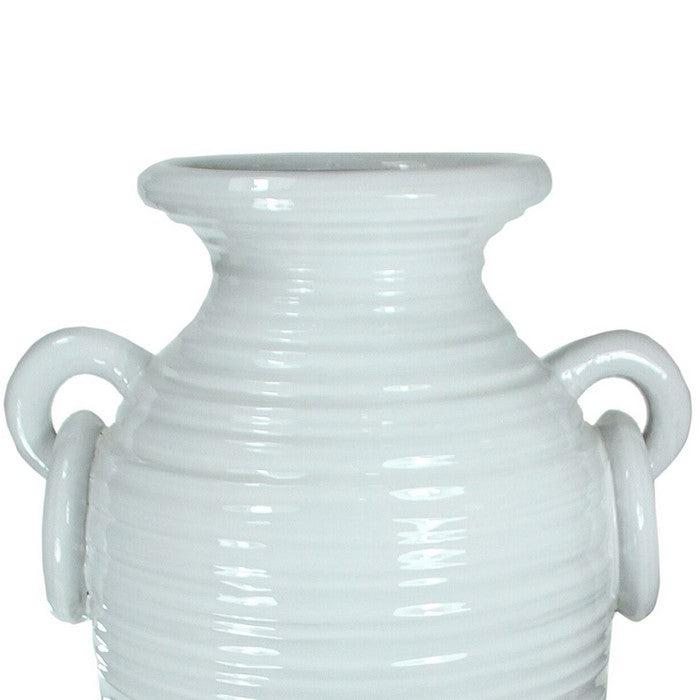 decorative Urn Shaped Ceramic Pot with Ring Handles, Large, White