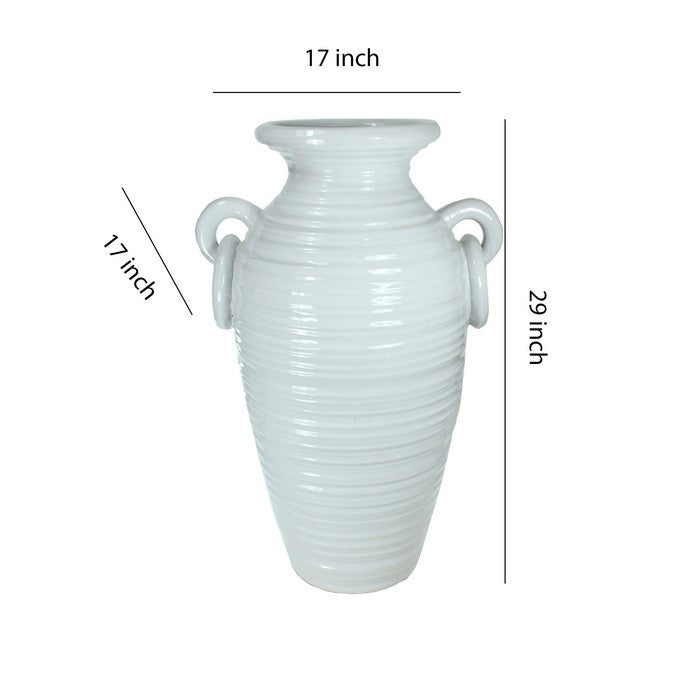 decorative Urn Shaped Ceramic Pot with Ring Handles, Large, White