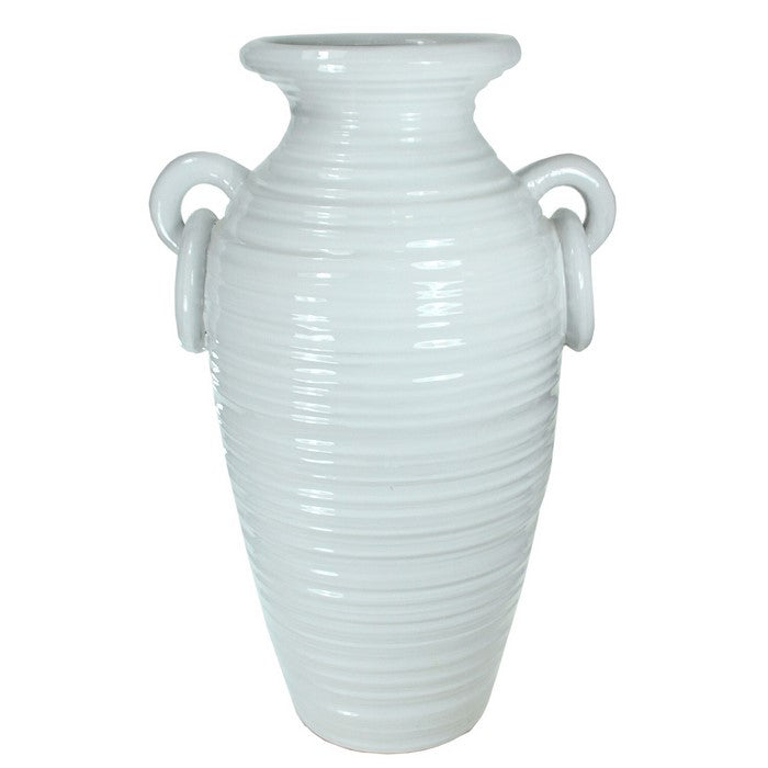decorative Urn Shaped Ceramic Pot with Ring Handles, Large, White