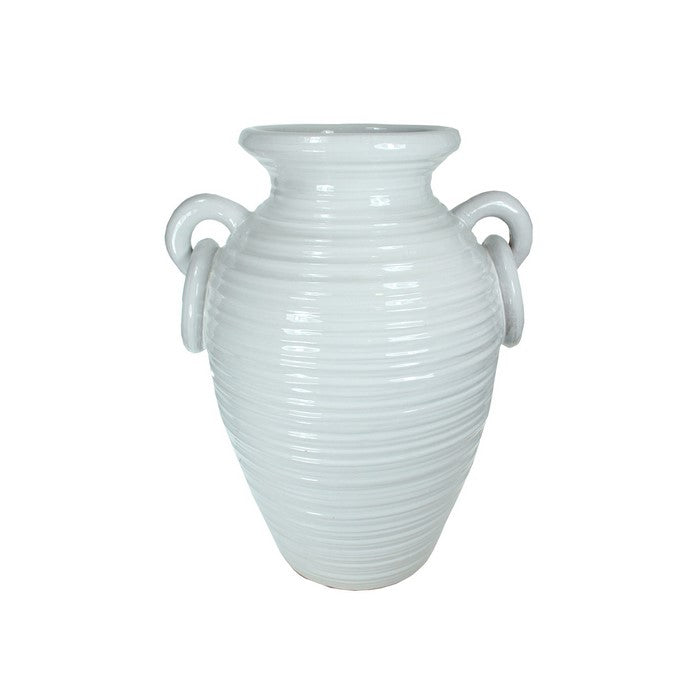 decorative Urn Shaped Ceramic Pot with Ring Handles, Medium, White