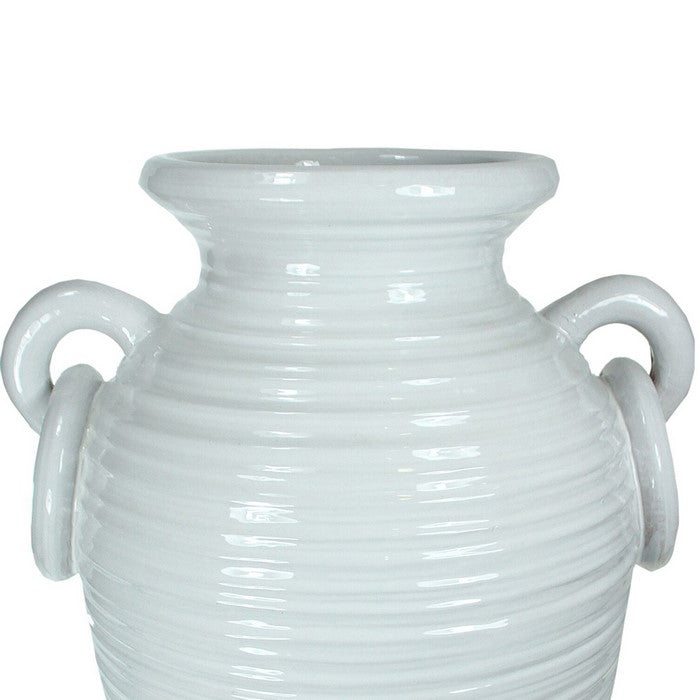 decorative Urn Shaped Ceramic Pot with Ring Handles, Medium, White