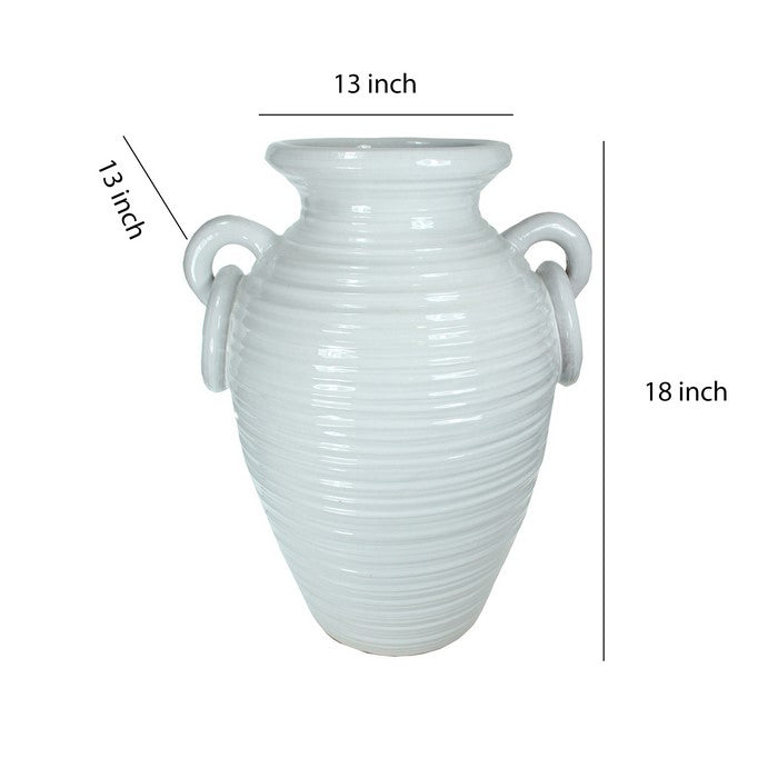 decorative Urn Shaped Ceramic Pot with Ring Handles, Medium, White