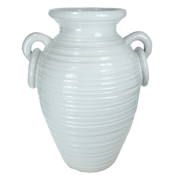 decorative Urn Shaped Ceramic Pot with Ring Handles, Medium, White