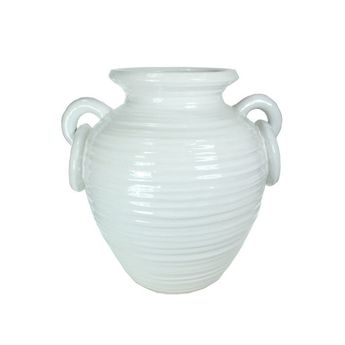 decorative Urn Shaped Ceramic Pot with Ring Handles, Small, White