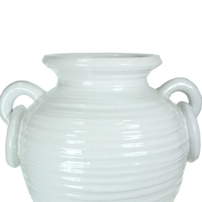 decorative Urn Shaped Ceramic Pot with Ring Handles, Small, White