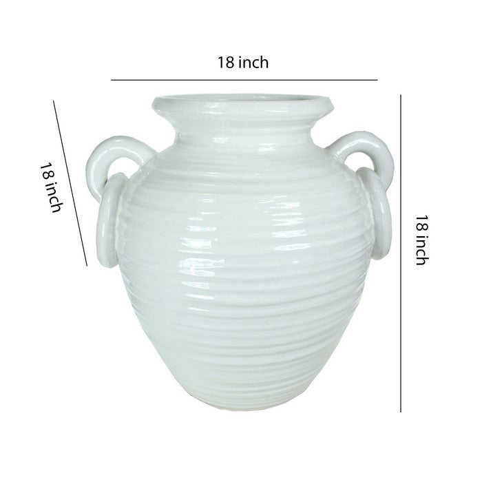 decorative Urn Shaped Ceramic Pot with Ring Handles, Small, White