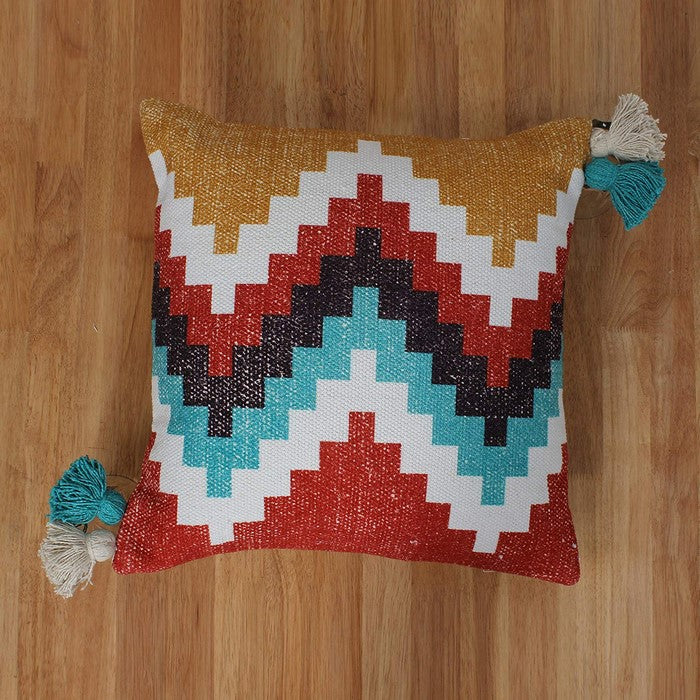 18 x 18 Cotton Hand Woven Dhurri Pillow with Kilim Print, Multicolor