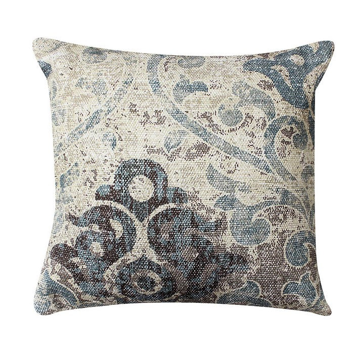 18 x 18 Cotton Hand Woven Dhurri Pillow with Iris Print, White and Blue
