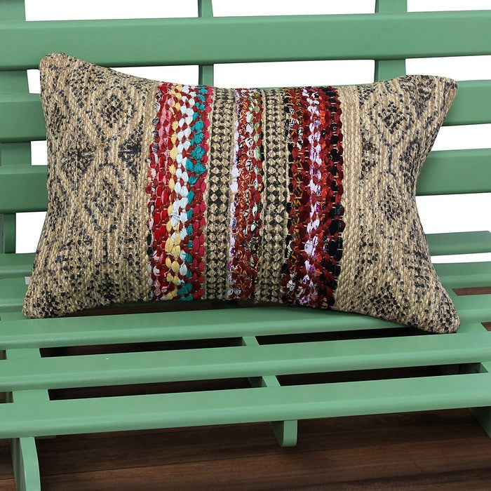 20 x 20 Hand Woven Cotton and Jute Pillow with Block Print, Brown and Red