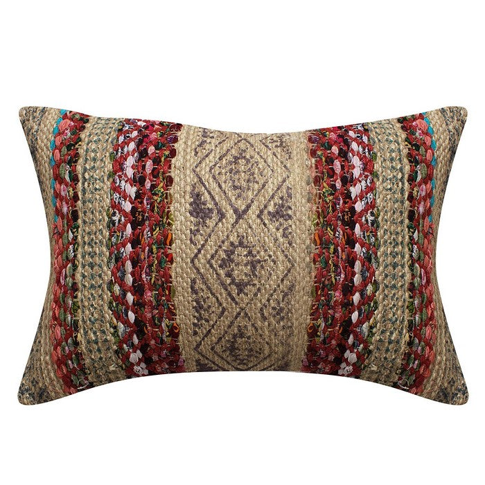 20 x 20 Hand Woven Cotton and Jute Pillow with Block Print, Brown and Red