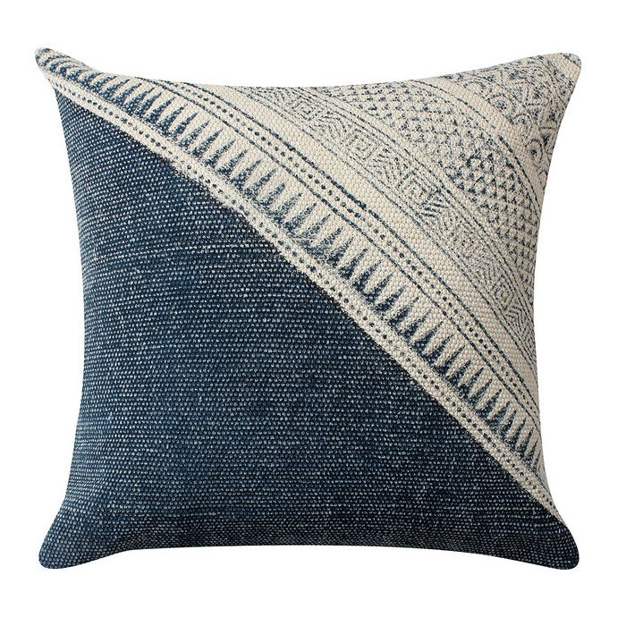 18 x 18 Hand Woven Cotton Pillow with Kilim Pattern, White and Blue