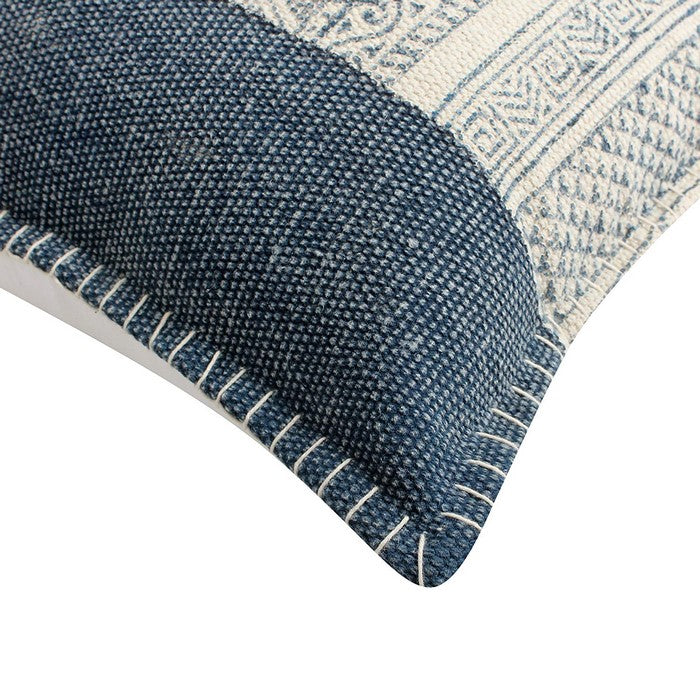 18 x 18 Hand Woven Cotton Pillow with Block Print, White and Blue