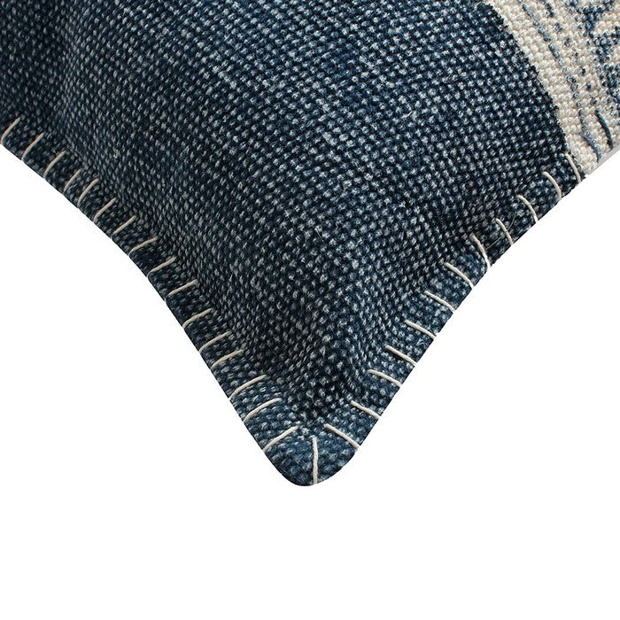 18 x 18 Hand Woven Cotton Pillow with Block Print, White and Blue
