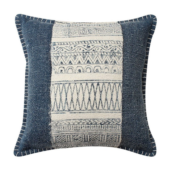 18 x 18 Hand Woven Cotton Pillow with Block Print, White and Blue