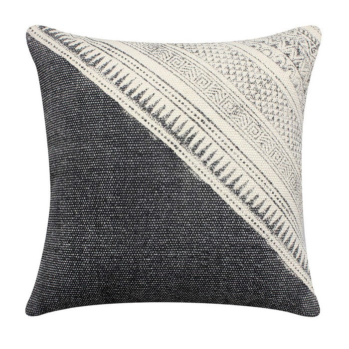 18 x 18 Hand Woven Cotton Pillow with Block Print, White and Black