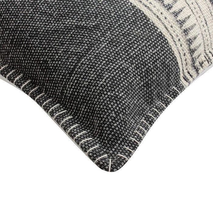 18 x 18 Hand Woven Cotton Pillow with Block Print, White and Gray