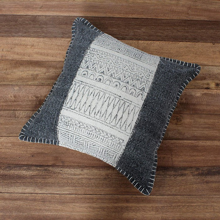 18 x 18 Hand Woven Cotton Pillow with Block Print, White and Gray