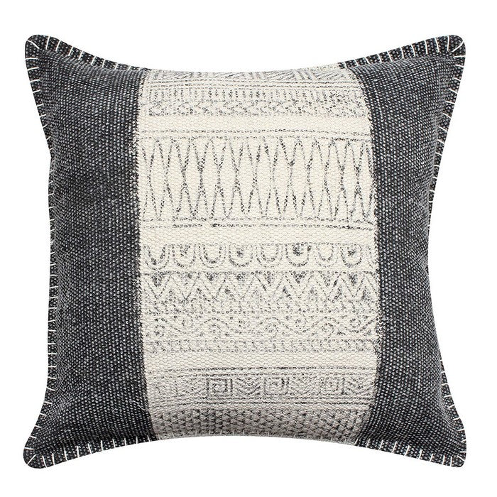 18 x 18 Hand Woven Cotton Pillow with Block Print, White and Gray