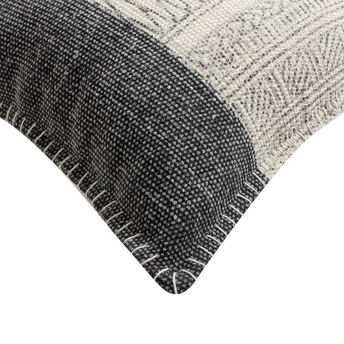 18 x 18 Hand Woven Cotton Dhurri Pillow with Block Print, White and Gray