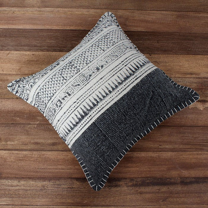 18 x 18 Hand Woven Cotton Dhurri Pillow with Block Print, White and Gray